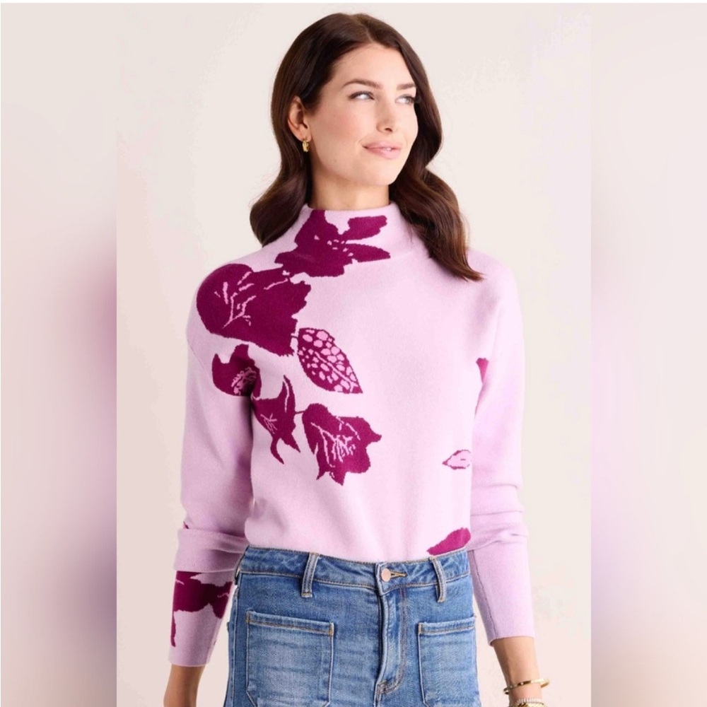 Avara‎ Pink Floral Mock Neck Katherine Sweater Feminine Thick Knit XL